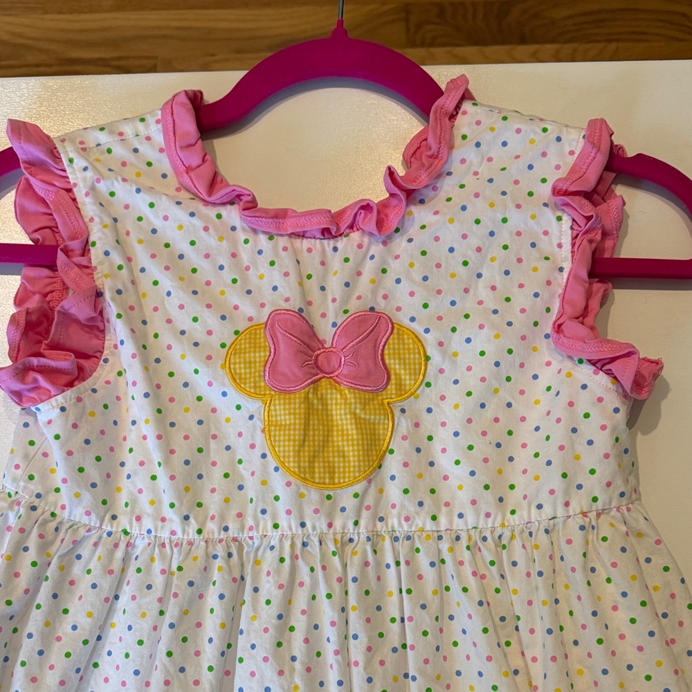 Girls' White Polka Dot Dress with Pink Trim and Yellow Bow Applique